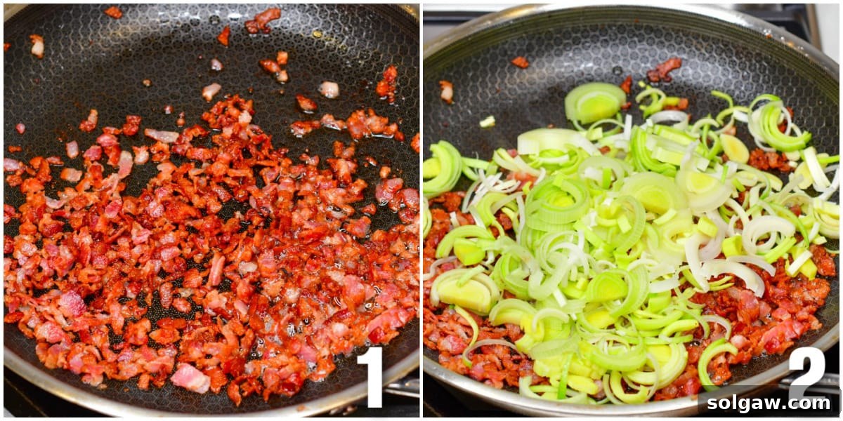 Two-panel collage: diced bacon sizzling in a hot pan; thinly sliced leeks being added to the rendered bacon fat.