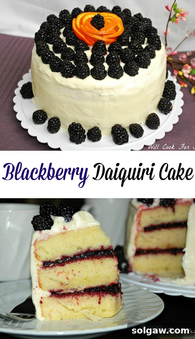 Two-picture collage of a sliced Blackberry Daiquiri Cake with fresh blackberries and a full cake on a stand, showcasing its beautiful layers.