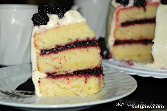Close-up of a perfectly sliced Blackberry Daiquiri Cake on a white plate, showcasing the distinct layers of cake, jam, and frosting, garnished with fresh blackberries.