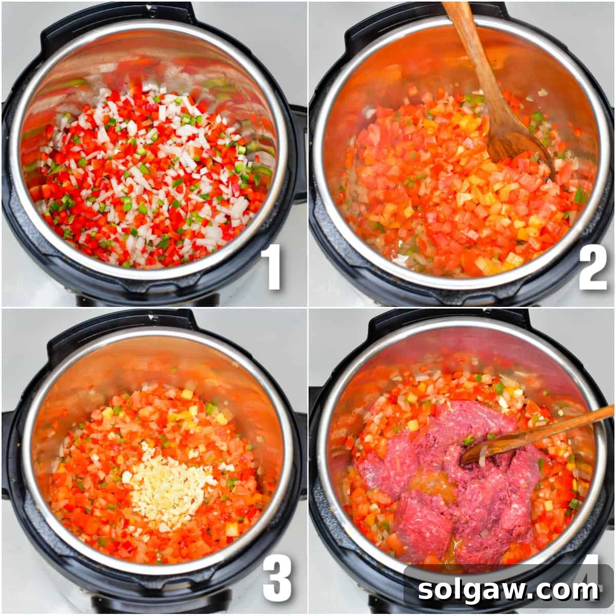 A collage of four images showing the initial steps of making chili in an Instant Pot: sautéing onions and bell peppers, adding garlic, tomatoes, and jalapeños, and finally browning ground beef.