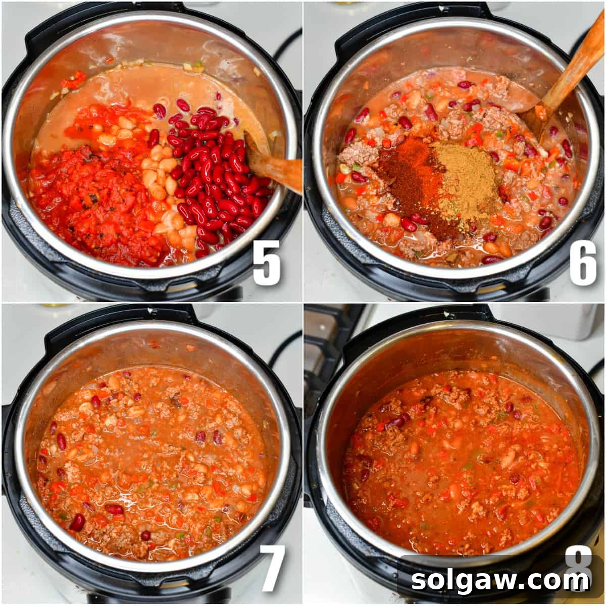 A collage of four images showing chili ingredients being added to an Instant Pot and then cooking: adding beans, diced tomatoes, tomato sauce, beef stock, and seasonings, followed by the pressure cooking process.