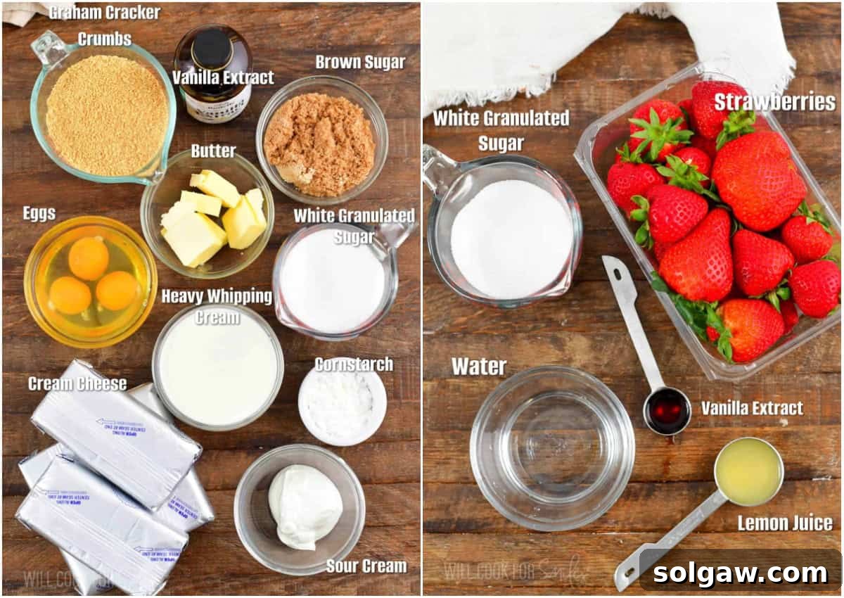 labeled ingredients for New York Style Cheesecake and homemade strawberry topping, neatly arranged on a counter.
