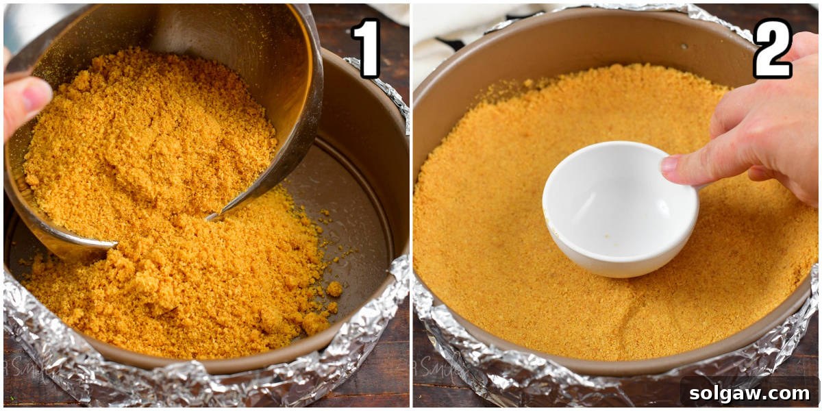 A visual guide showing steps to add and firmly press the graham cracker crust into a springform pan for a cheesecake.