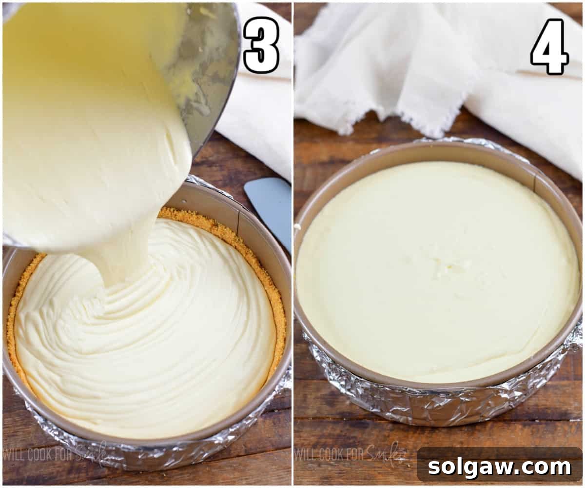 Collage of images showing the smooth cheesecake batter being poured into the prepared springform pan and the pan ready for baking.