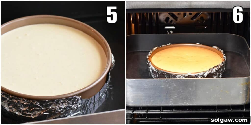 Collage of two images illustrating cheesecake in the oven; one before cooking and one after, showing its golden-brown top.