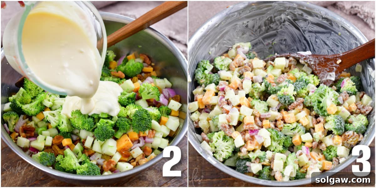 Two sequential images illustrating the process of making apple broccoli salad. The first image shows creamy mayonnaise dressing being poured generously over a bowl of prepped broccoli, apple, and cheese mix. The second image depicts the salad being gently mixed with a spoon, ensuring all ingredients are evenly coated in the rich dressing.
