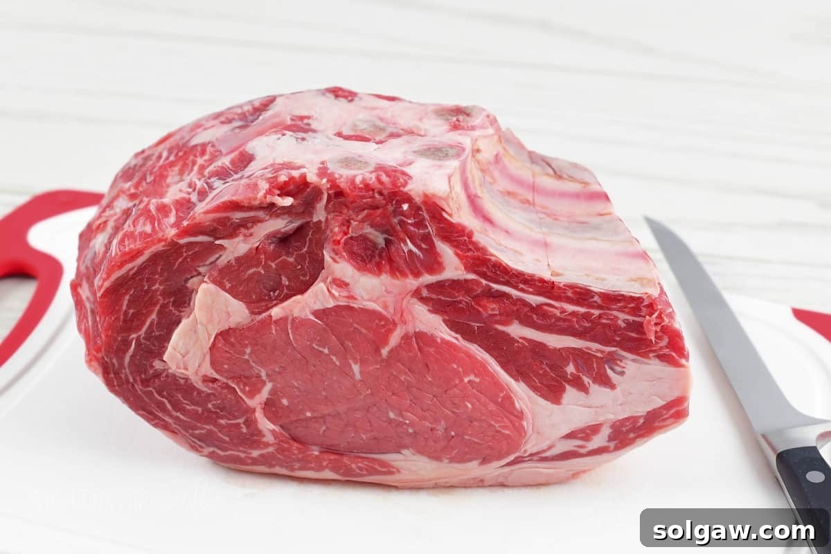 raw prime rib with bone on a cutting board, next to a pairing knife.