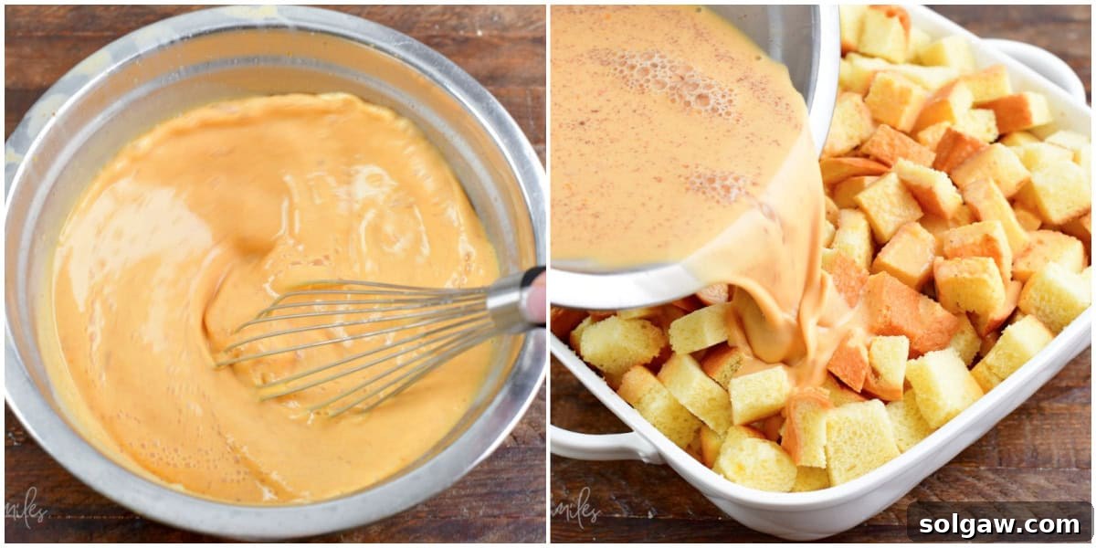 A two-part collage showing a hand whisking a creamy egg mixture in a bowl and then pouring the mixture evenly over cubes of bread in a baking dish.