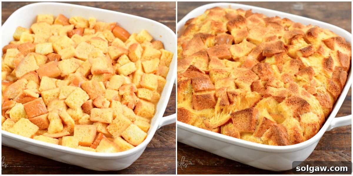 A split image showing French toast casserole in a white baking dish before and after it has been baked, illustrating the transformation.