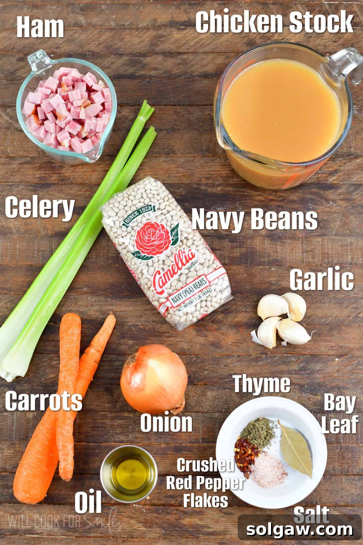 A curated display of fresh ingredients for ham and bean soup, neatly arranged on a rustic wooden surface, ready for preparation.