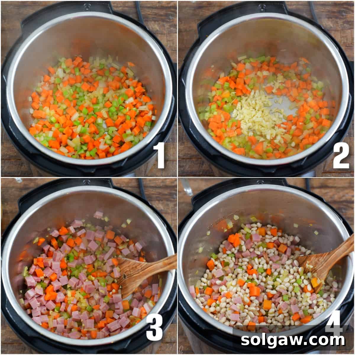 A four-panel collage illustrating the initial steps of making ham and bean soup in an Instant Pot, showing vegetables and ham being sautéed.