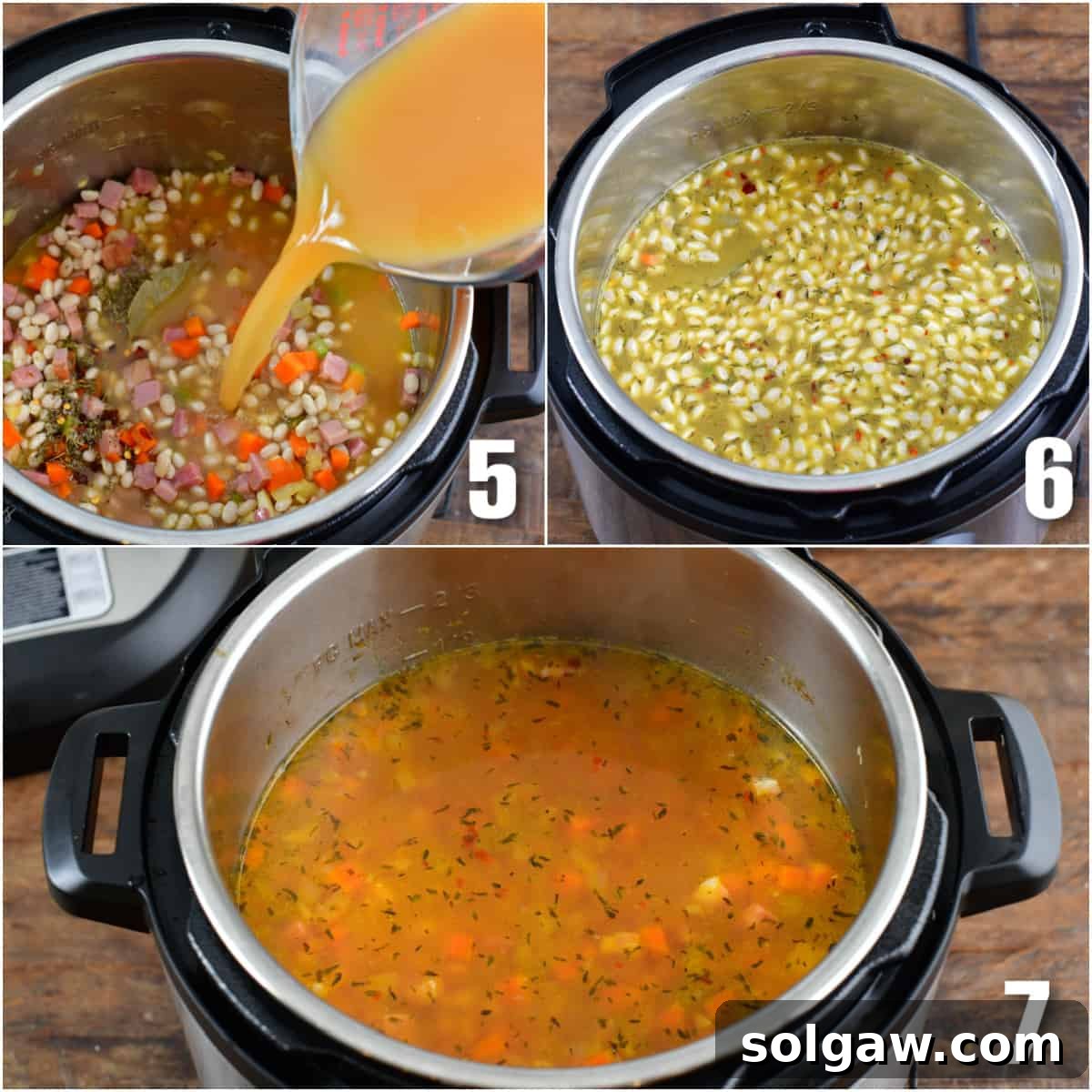 A two-panel collage showing chicken stock being poured into an Instant Pot filled with beans and other ingredients, ready for pressure cooking.
