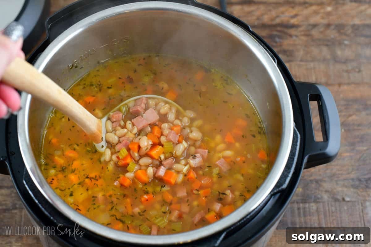 A hearty serving of Instant Pot Ham and Bean Soup presented beautifully in a rustic bowl, with a ladle poised to serve, capturing its comforting appeal.