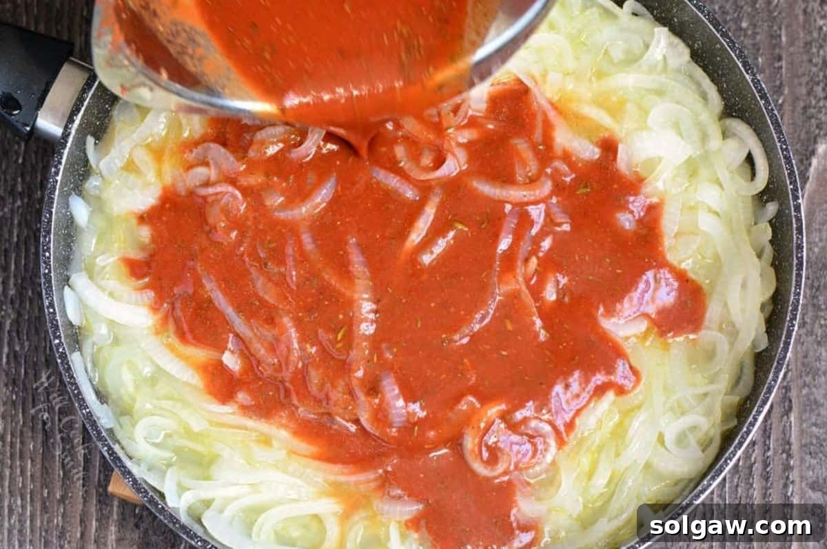 adding tomato sauce to the cooked onion base for the French onion sauce. 