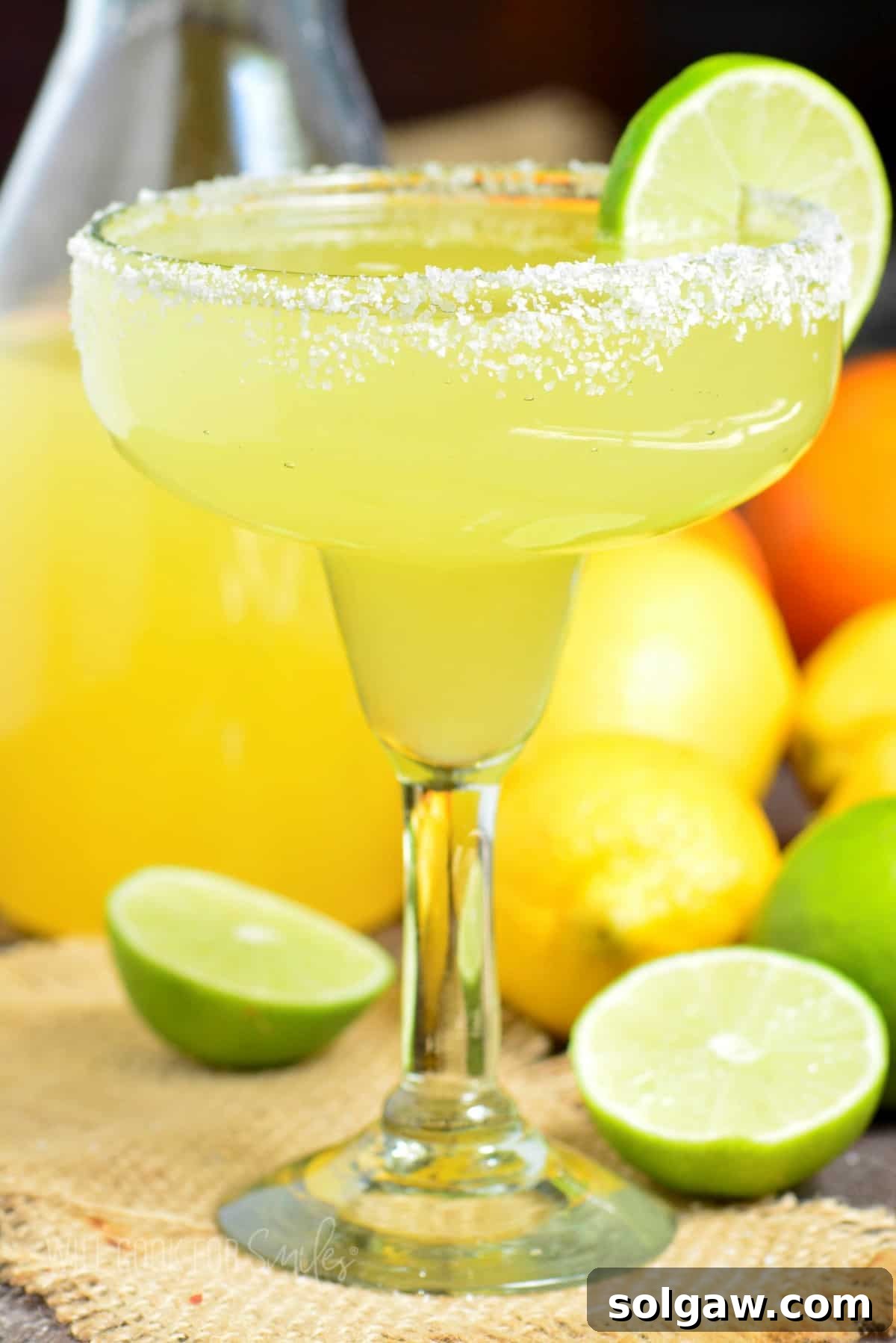 Vibrant margarita cocktail with salted rim and a lime wedge, presented in a classic glass.