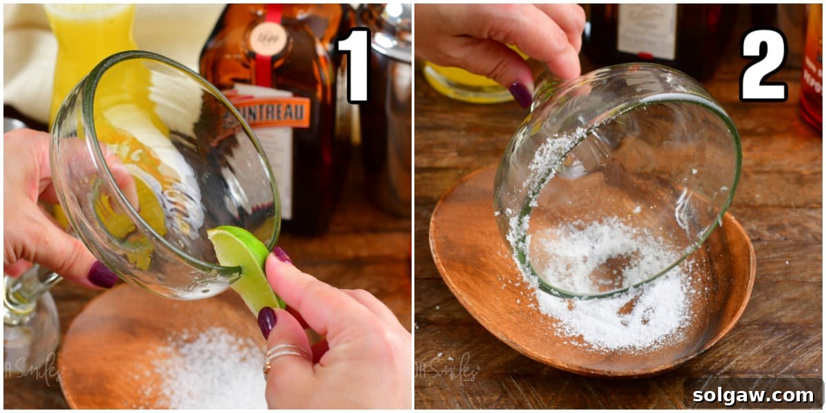 A two-part image showing the process of rimming a margarita glass with lime juice and coarse salt.