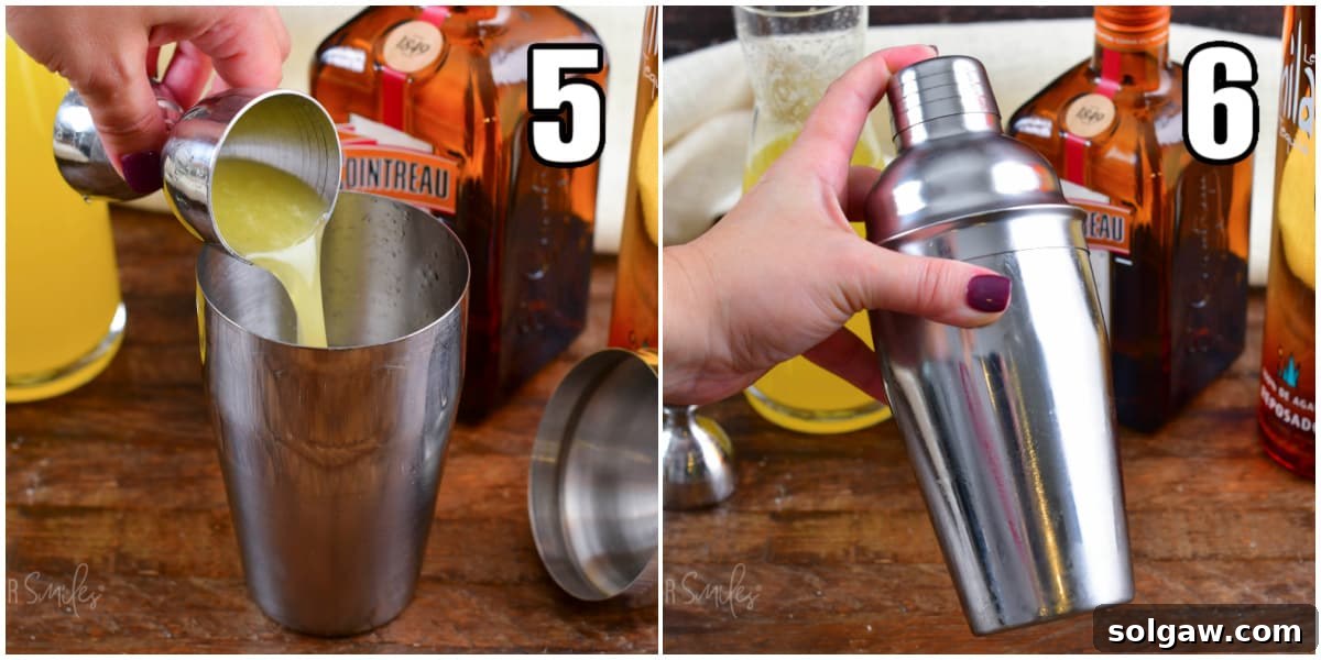 Collage illustrating the pouring of margarita mix into a shaker, followed by vigorous shaking.