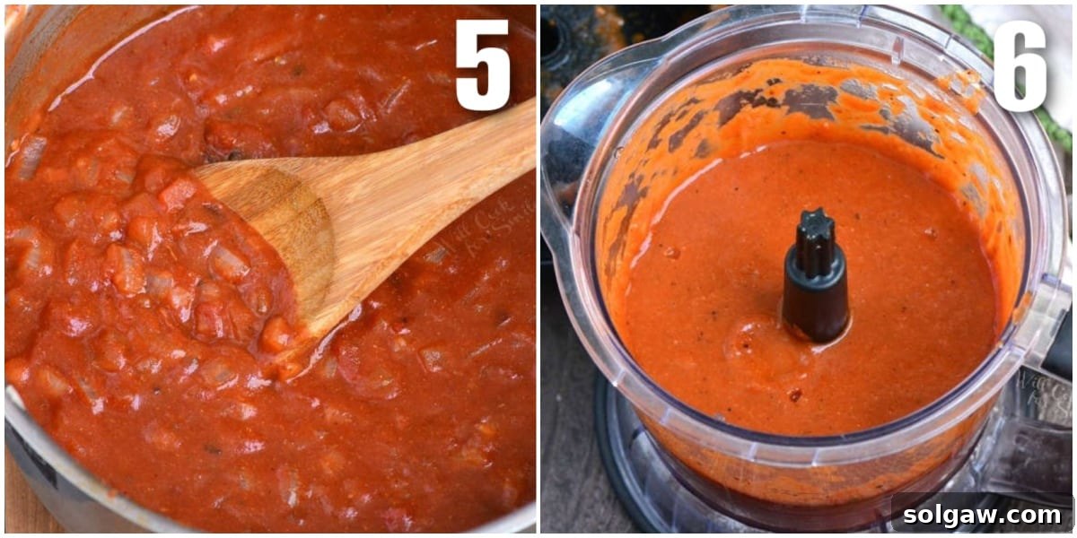 Homemade Enchilada Sauce 5 A collage showcasing two stages of enchilada sauce: on the left, the rich sauce is simmering in a pot on the stove, and on the right, it has been blended to a smooth, velvety consistency in a blender.