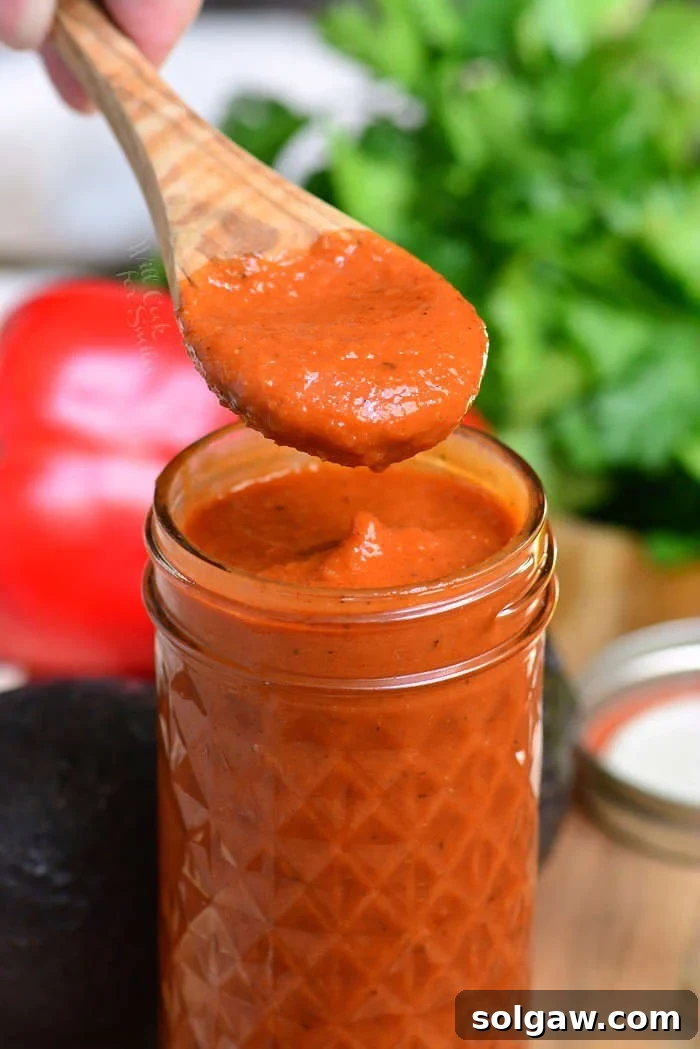 A close-up of a bowl of rich, homemade red enchilada sauce, garnished with fresh cilantro, ready for use.