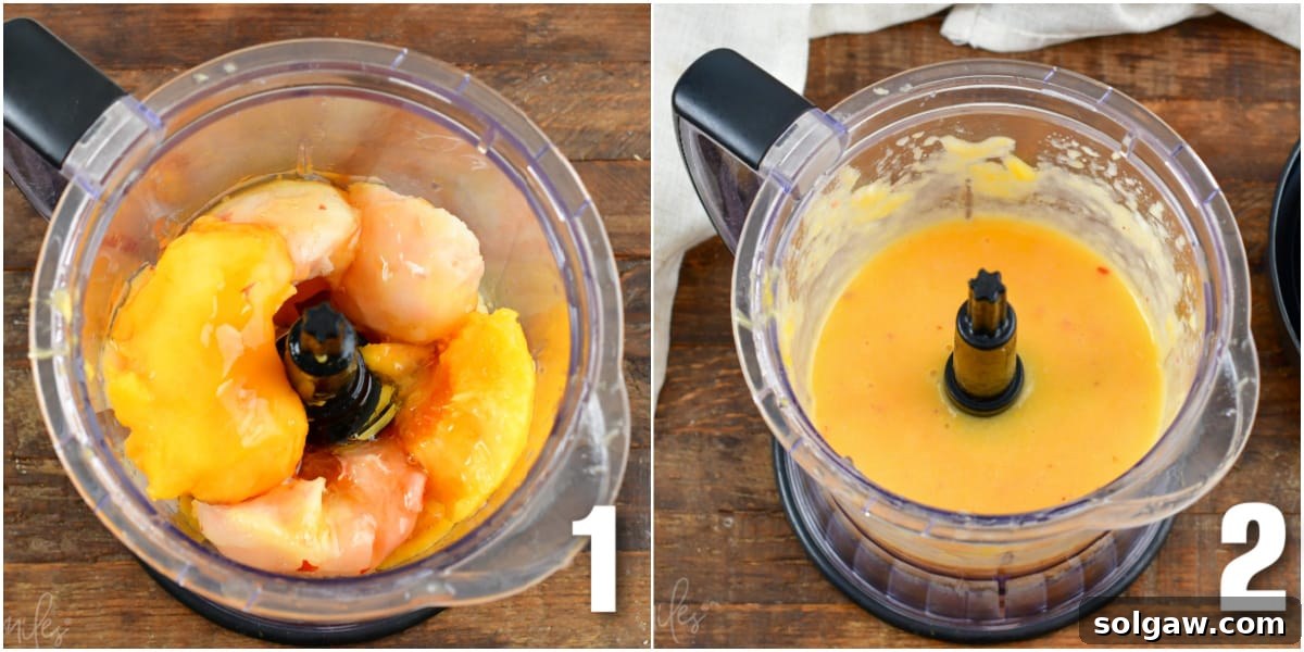 The first image shows fresh peach ingredients being placed into a food processor. The second image displays the smooth, vibrant blended peach puree, ready for use.