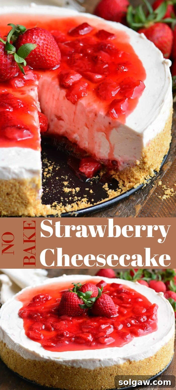 Collage of various views of the No-Bake Strawberry Cheesecake, highlighting its fresh ingredients and inviting texture.