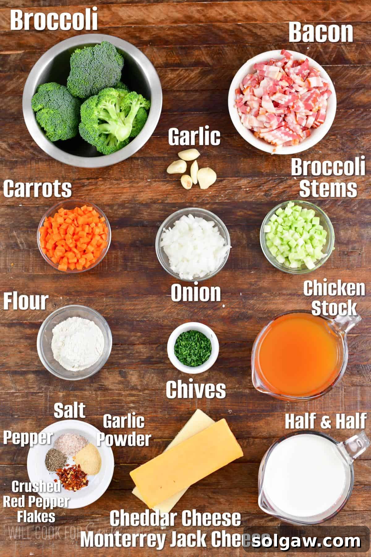 Various ingredients for Bacon Broccoli Cheese Soup, including bacon, broccoli, cheese blocks, and other fresh vegetables, laid out on a wooden surface.