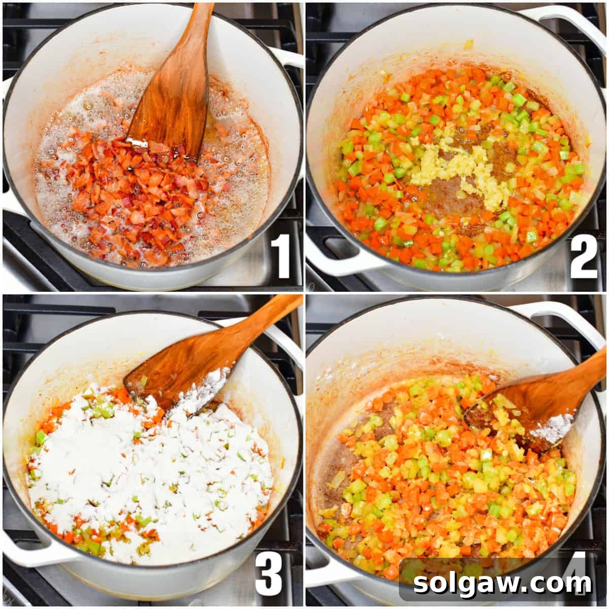 A collage of four images showing the initial steps of cooking Bacon Broccoli Cheese Soup: dicing bacon, cooking bacon in a pot, sautéing vegetables with bacon fat, and adding flour to the cooked vegetables.