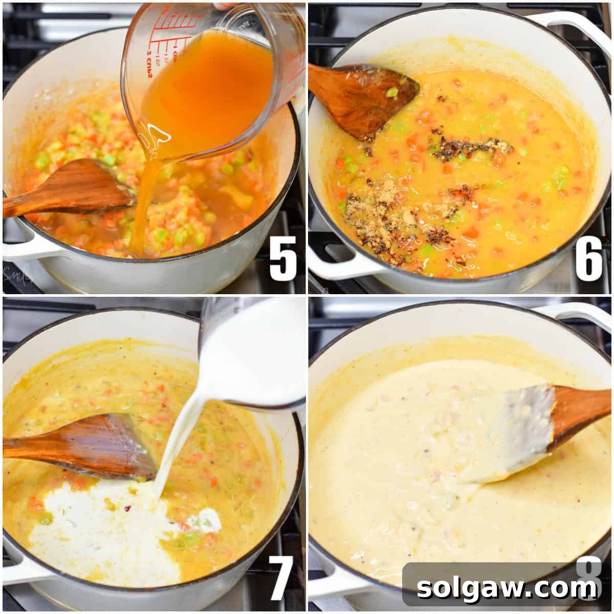A collage of four images illustrating the process of adding liquids and cheese to Bacon Broccoli Cheese Soup: pouring in stock, adding seasonings, pouring in half and half, and stirring in grated cheese.