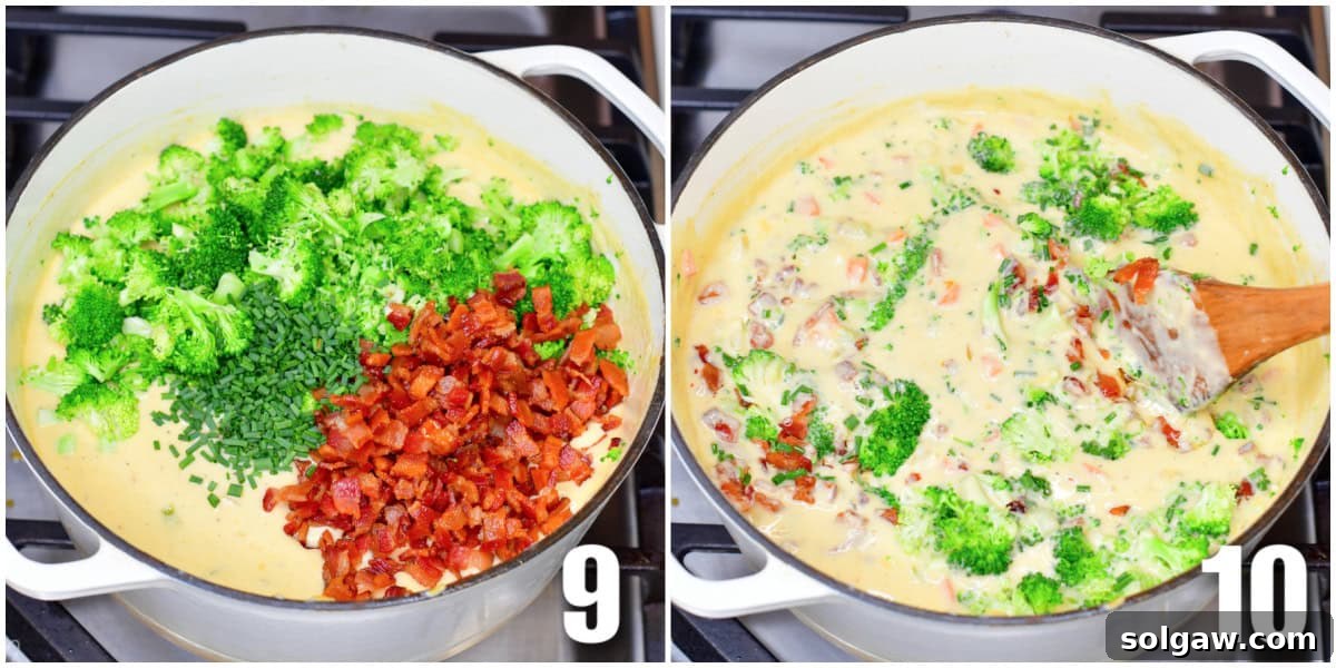 A collage of two images showing the final steps of preparing Bacon Broccoli Cheese Soup: adding steamed broccoli and crispy bacon to the pot, and then stirring all ingredients together with a wooden spoon.