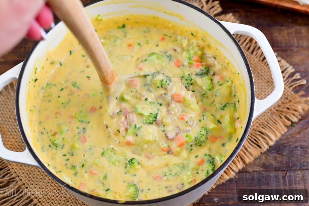 A large pot of creamy Bacon Broccoli Cheese Soup, with a ladle lifting some of the rich soup to show its texture and ingredients.