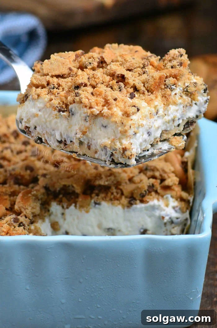 A fully assembled Cookie Dough No Bake Cheesecake, removed from its pan and ready for serving, showing a smooth top layer.