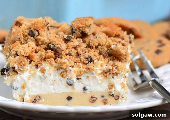 A close-up of a slice of Cookie Dough No Bake Cheesecake on a plate, highlighting its smooth texture and cookie topping.