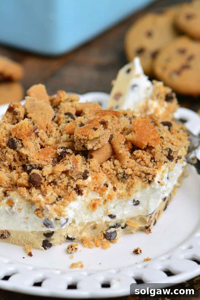 A collage of various images of the Cookie Dough No Bake Cheesecake, showcasing different angles and textures.