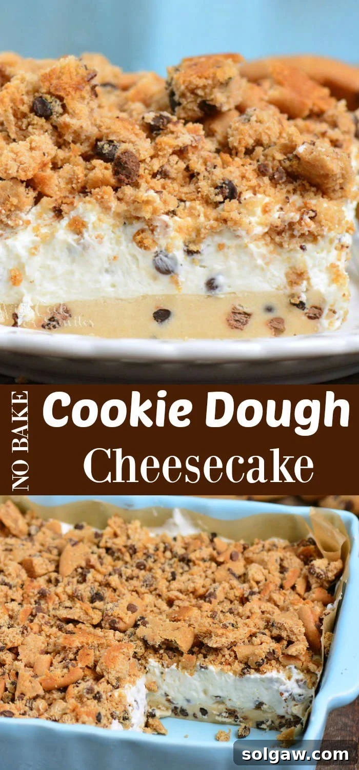 A collage of multiple appetizing photos of the Cookie Dough No Bake Cheesecake, displaying its delicious layers and finished presentation.