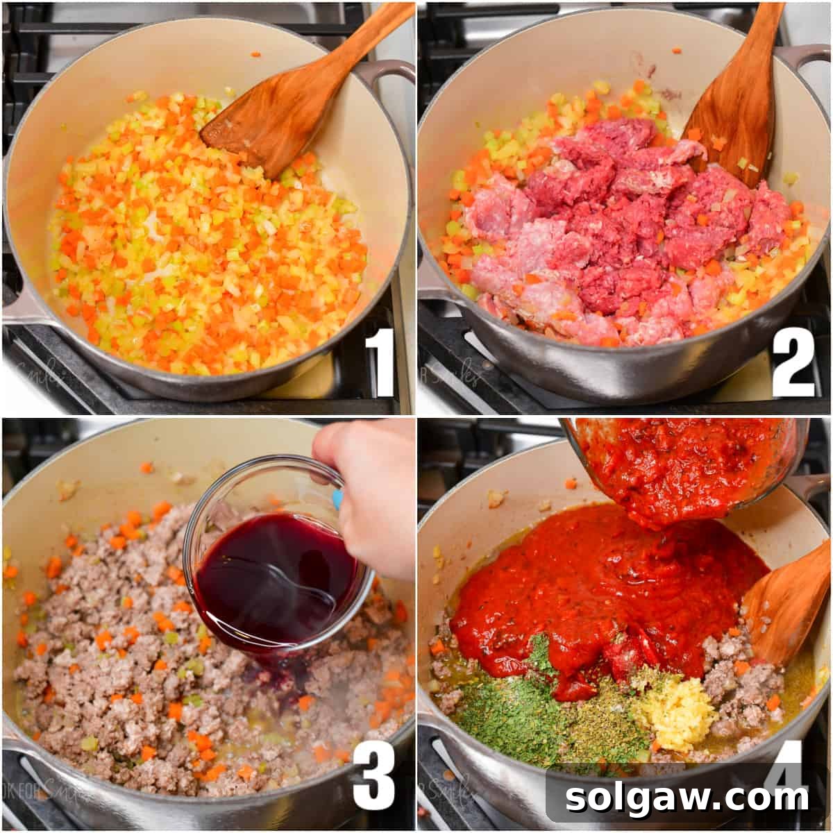 A collage of four images showing the step-by-step process of making Bolognese sauce: sautéing vegetables, browning ground meat, adding red wine, and simmering the tomato-based sauce.