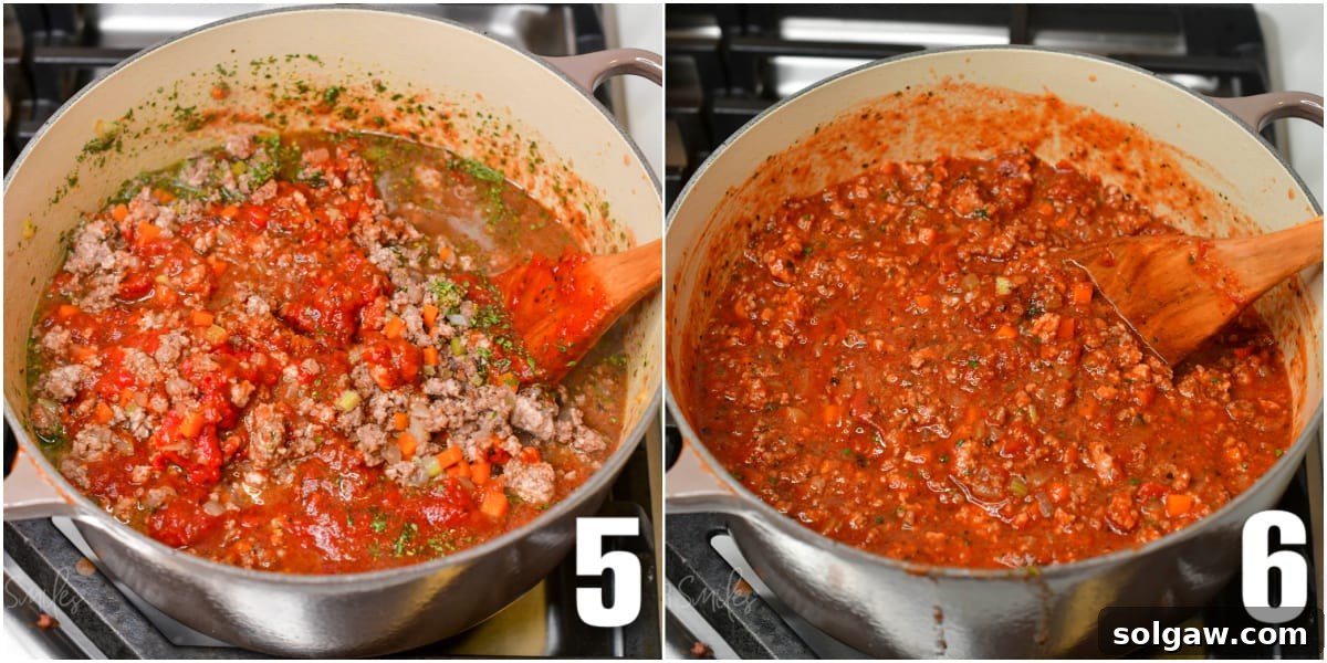 A collage of two images showing the simmering process of the meat sauce: one shot of it being stirred in the pot, and another after it has cooked down for an hour, rich and thick.