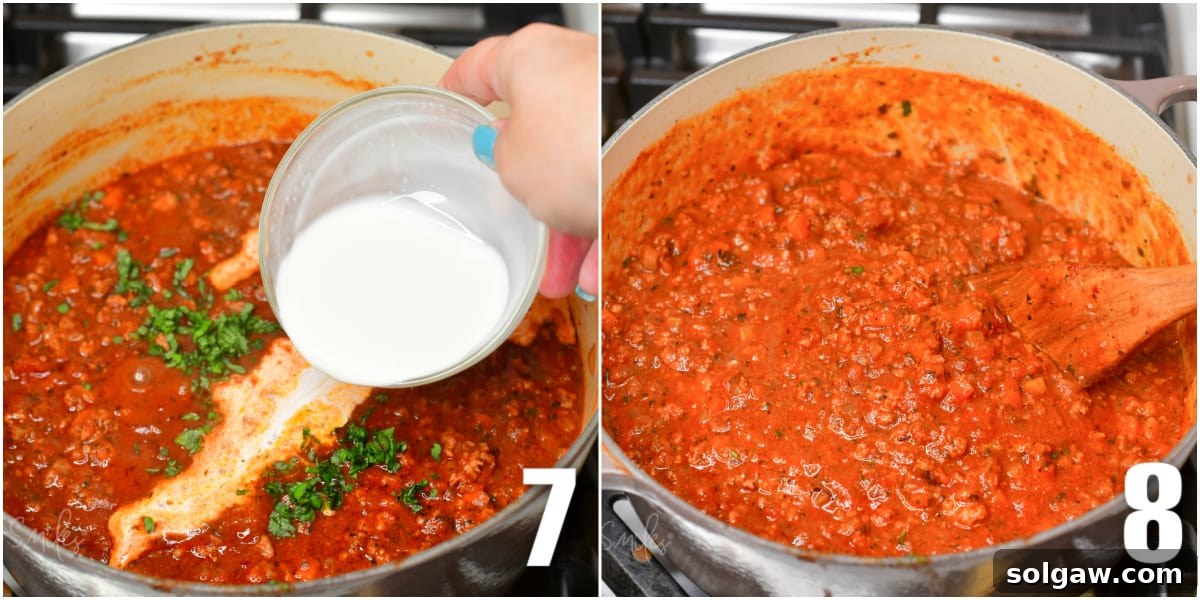 A collage of two images illustrating the final steps of making Bolognese sauce: adding milk to the rich meat sauce and stirring it in to create a velvety texture.