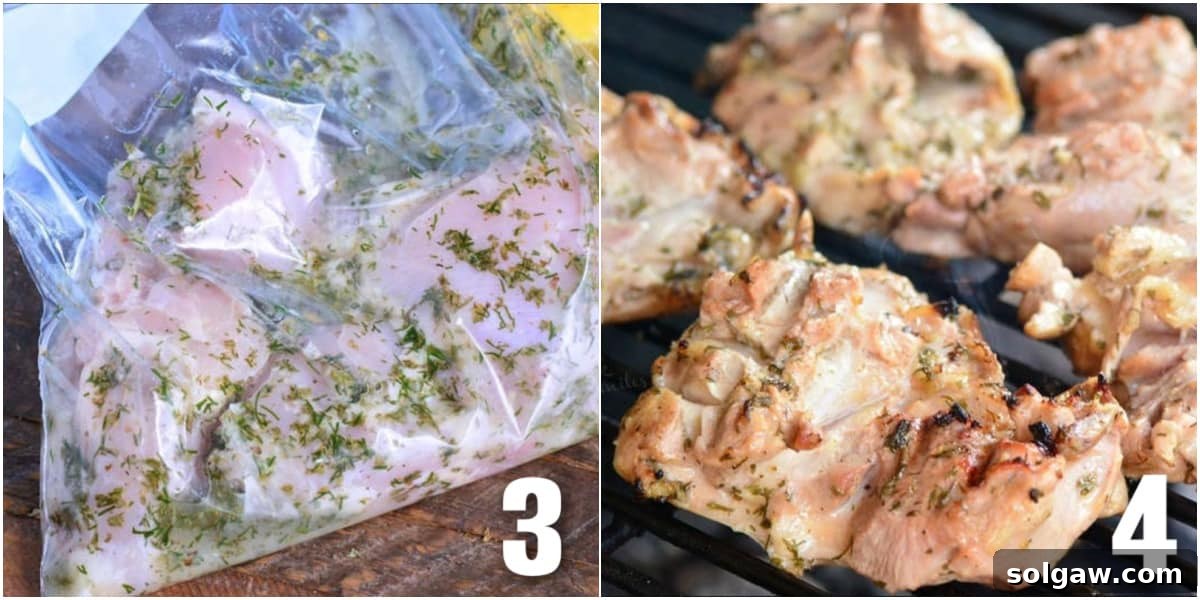 collage of two images of chicken marinating and cooking on the grill.