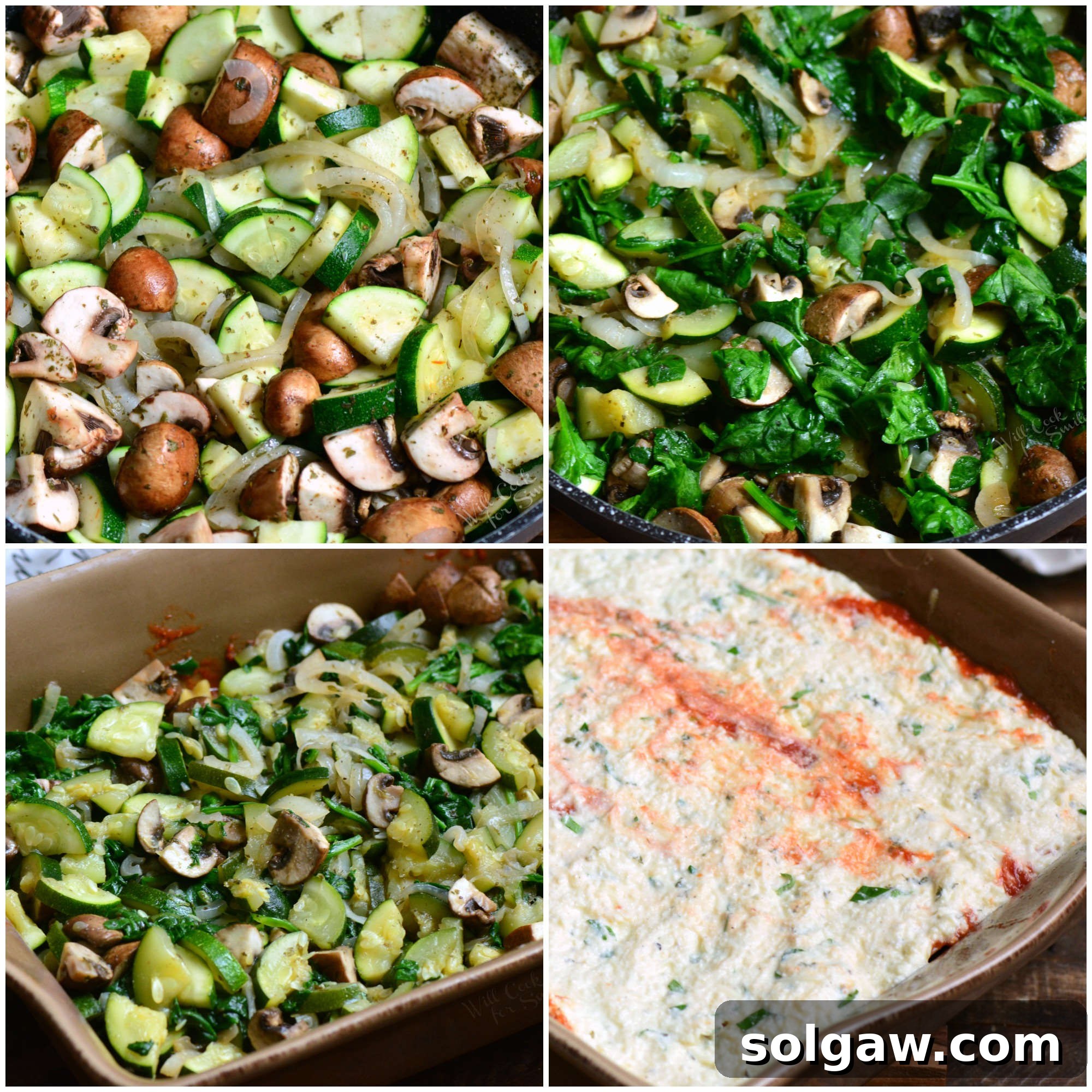 A close-up shot of chopped onions, zucchini, and mushrooms in a pan, ready to be cooked for the vegetable lasagna filling.