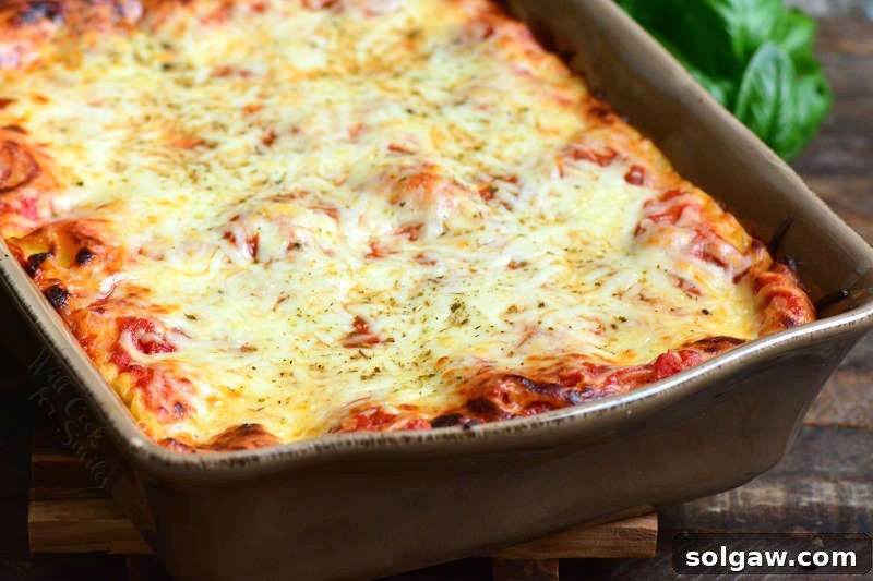 A freshly baked vegetable lasagna, golden brown and bubbly, resting on a wooden surface.