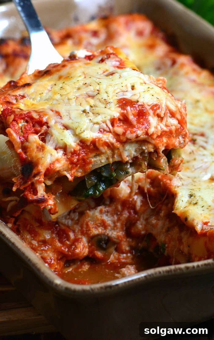 An overhead shot of a baked vegetable lasagna, topped with golden-brown cheese and fresh herbs, in a baking dish.