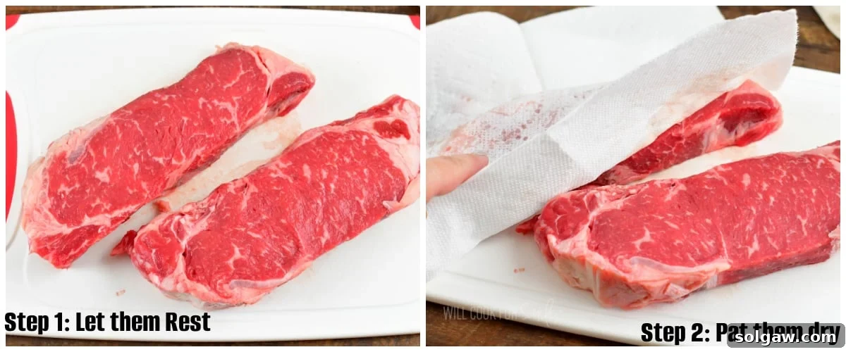 Two side-by-side images showing raw steaks on a cutting board, with one being patted dry with a paper towel for preparation.