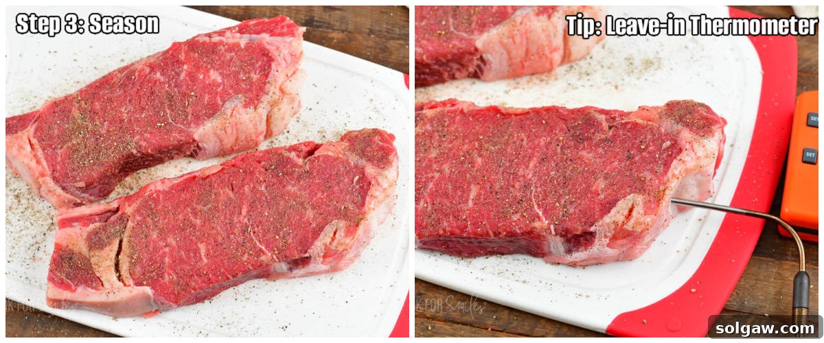 Two images side-by-side, one showing raw steaks generously seasoned with salt and pepper, and the other depicting a leave-in thermometer probe accurately inserted into the thickest part of a steak.