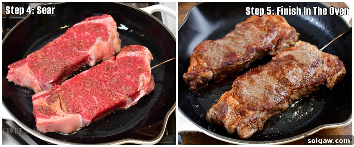 Two side-by-side images illustrating the steak cooking process: one showing steaks searing in a hot cast iron skillet, and the other presenting finished, golden-brown steaks ready for the oven.