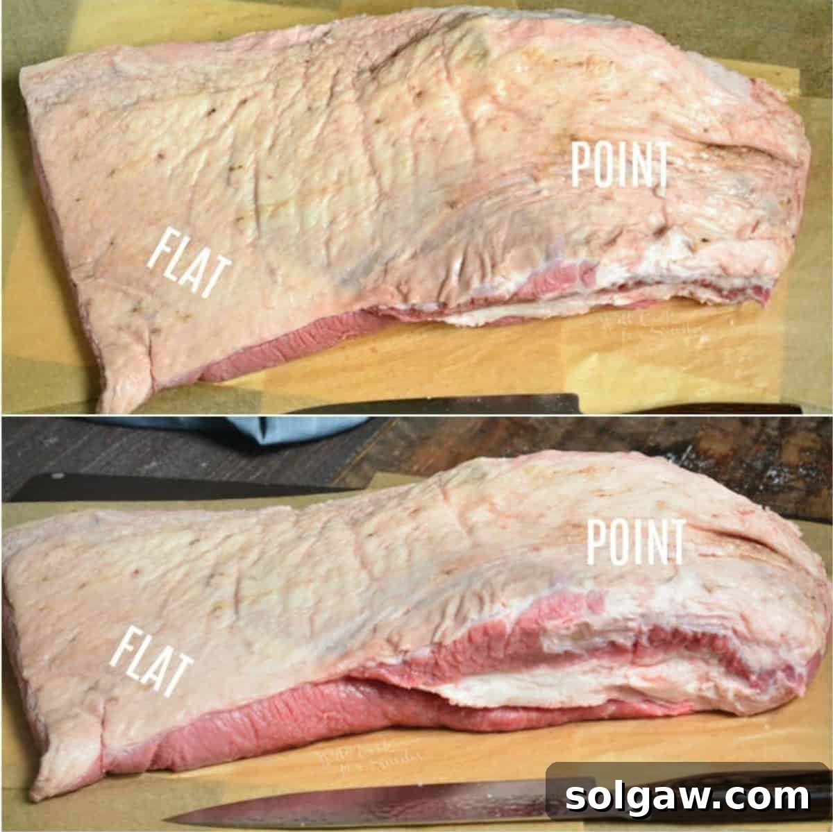 two image collage to show the whole beef brisket and which part is flat or point.