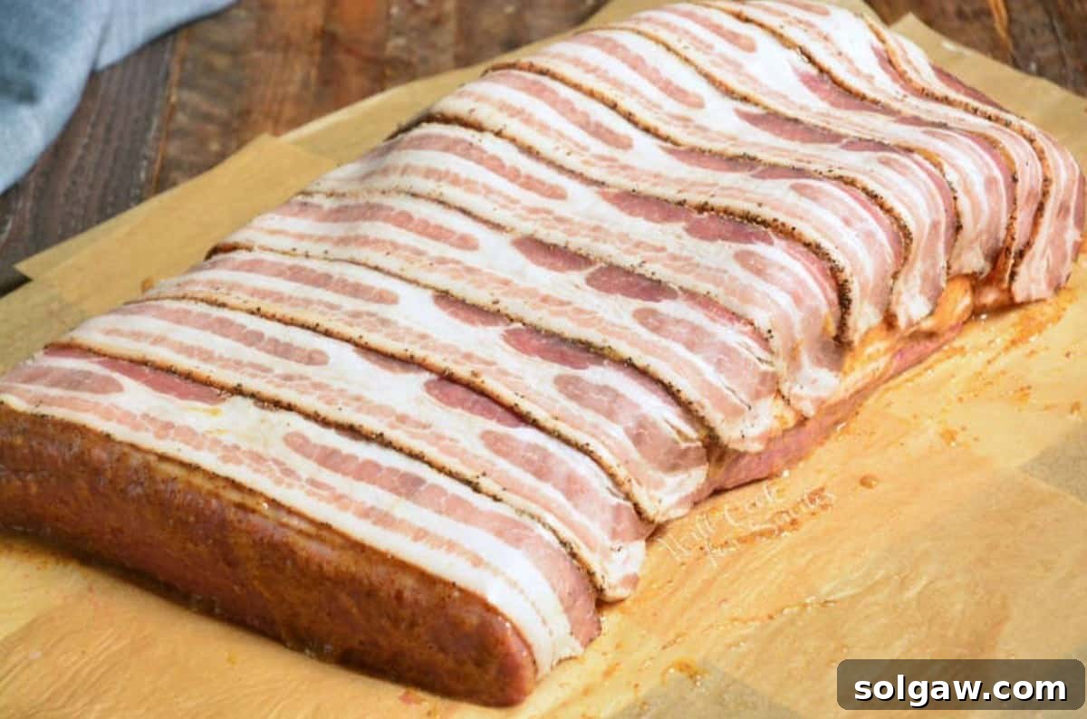 whole brisket wrapped in bacon strips on parchment paper before cooking.