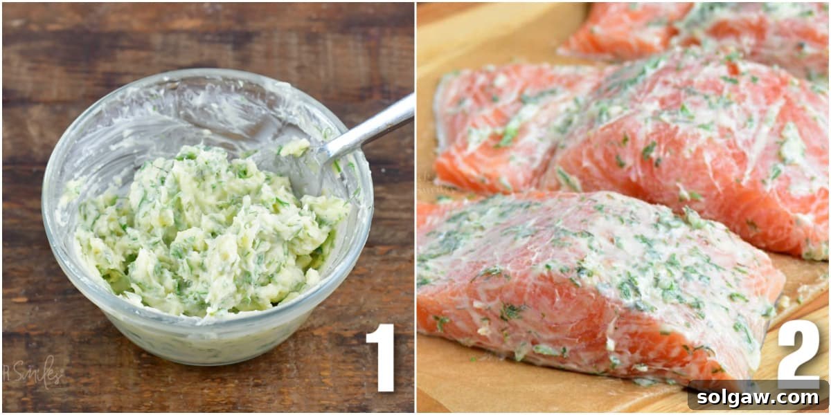 garlic and herb butter in a small glass bowl and salmon filets rubbed in herb butter.