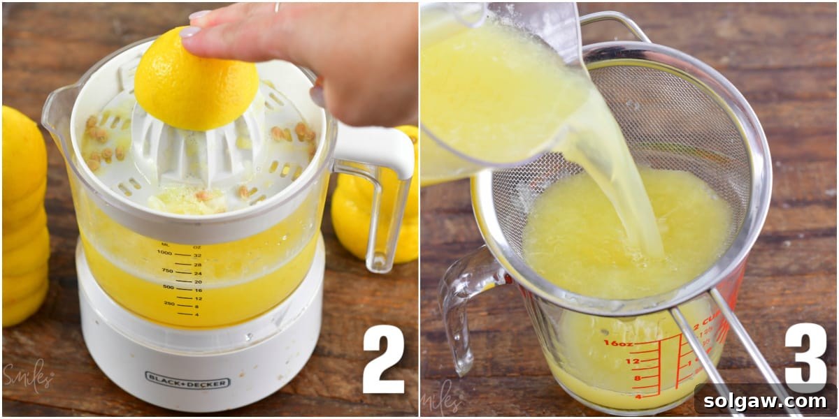 A two-part image showing the process of extracting fresh lemon juice: lemons being squeezed in a citrus press and the freshly collected juice being strained through a fine-mesh sieve.