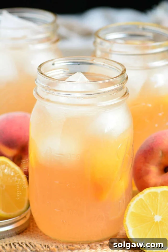 A close-up image of a glass of peach lemonade, garnished with a peach slice and mint, emphasizing its refreshing appeal.