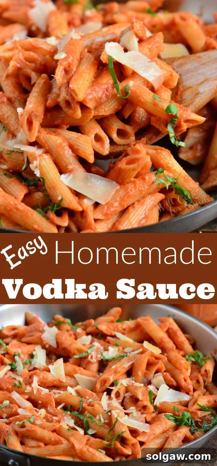 A visual collage showcasing steps and final dish of creamy vodka sauce with penne pasta